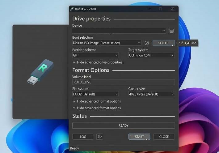 A telepíthető adathordozókkal történő műveletek mindegyikét lefedi a Rufus
