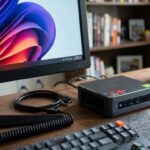 Egy kisméretű fekete mini PC egy fa íróasztalon, monitor és billentyűzet mellett