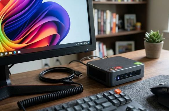 Egy kisméretű fekete mini PC egy fa íróasztalon, monitor és billentyűzet mellett